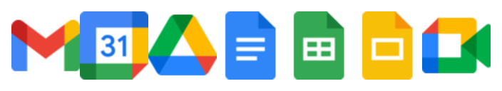The seven 2020-era Google Workspace favicons in a row: Gmail, Calendar, Drive, Docs, Sheets, Slides, Meet