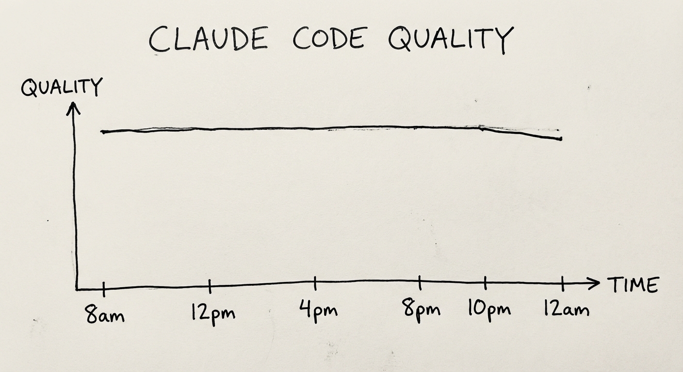 Hand-drawn line graph showing Claude Code's output quality over the course of a day. Almost completely flat, with only a very subtle dip late in the evening. No cliff.