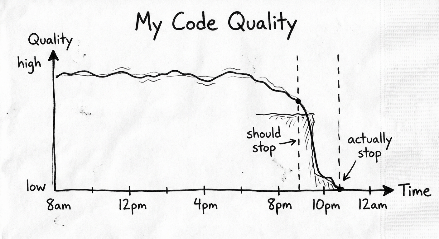 Hand-drawn line graph showing a human engineer's code quality over the course of a day. Flat through the afternoon, a slow decline in early evening, then a cliff at 9pm. Two vertical dashed lines annotate where we 'should stop' and where we 'actually stop'.