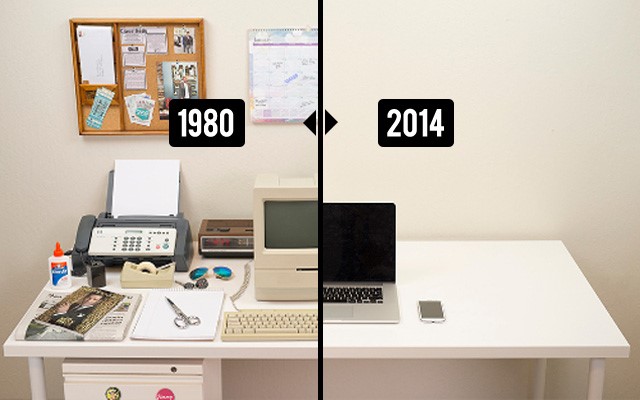 Side-by-side comparison of a 1980 desk full of equipment and a 2014 desk with just a laptop and phone