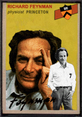 Richard Feynman parody trading card in the same 1954 Topps layout, team changed to Princeton, signed by Feynman.