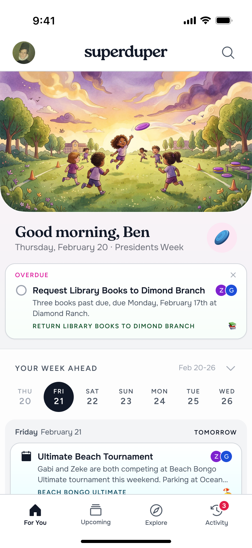 SuperDuper For You screen with overdue task and week ahead