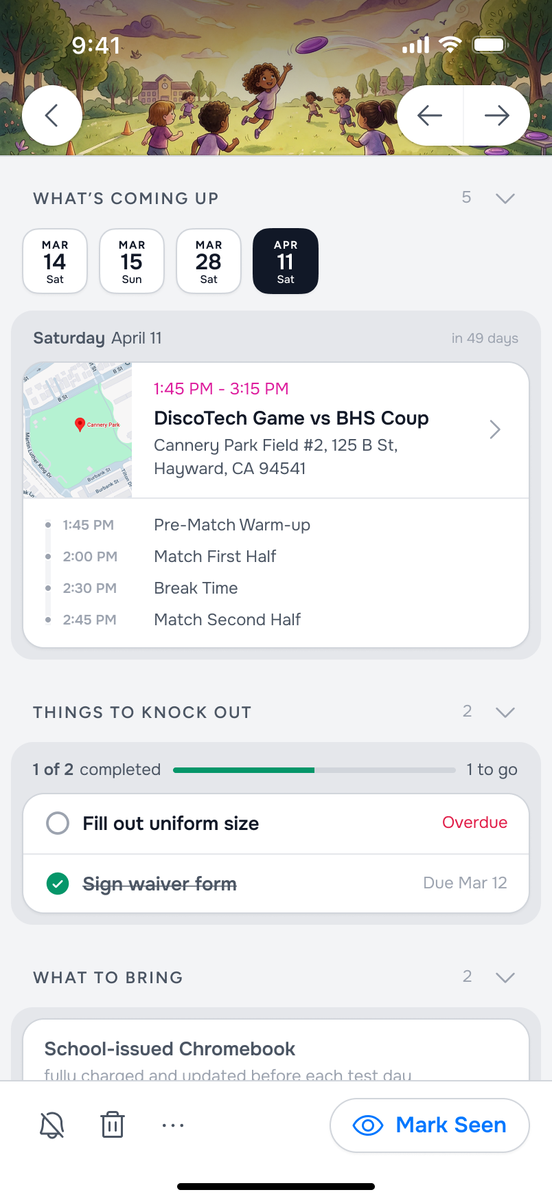 SuperDuper upcoming event detail with map, schedule, and to-do list